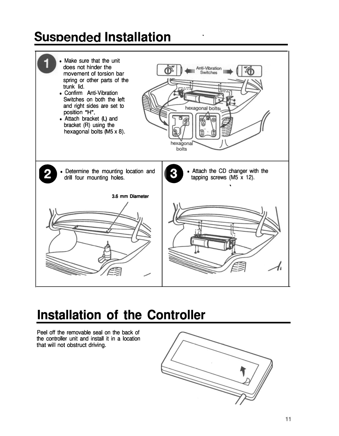 Blaupunkt CDC-RF6IR manual Sumended Installation, Installation of the Controller, mm Diameter 