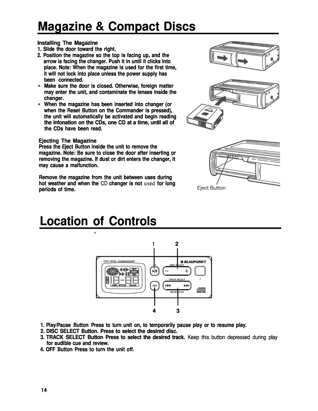 Blaupunkt CDC-RF6IR manual Location of Controls, Magazine & Compact Discs 