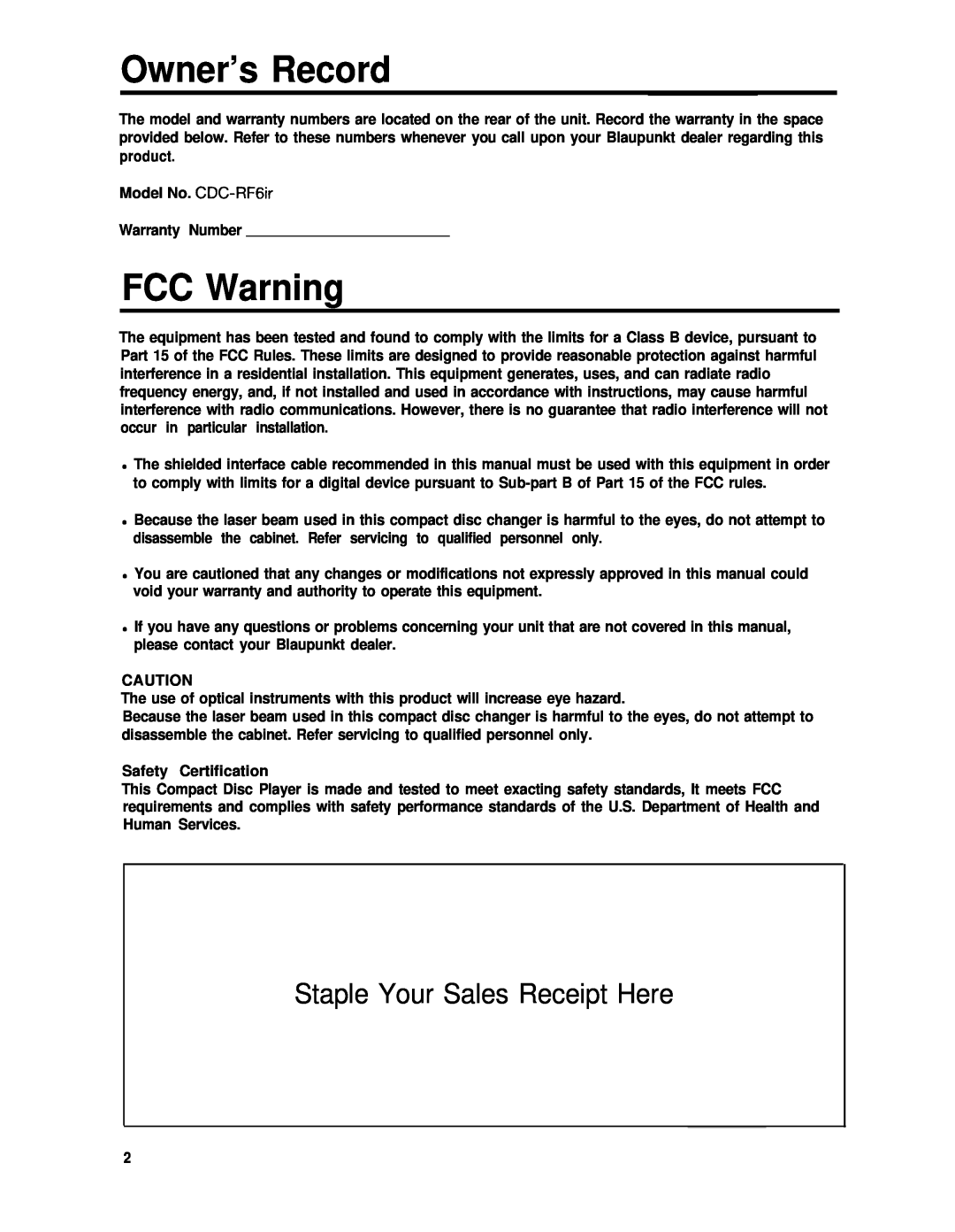 Blaupunkt CDC-RF6IR manual Owner’s Record, FCC Warning, Staple Your Sales Receipt Here 