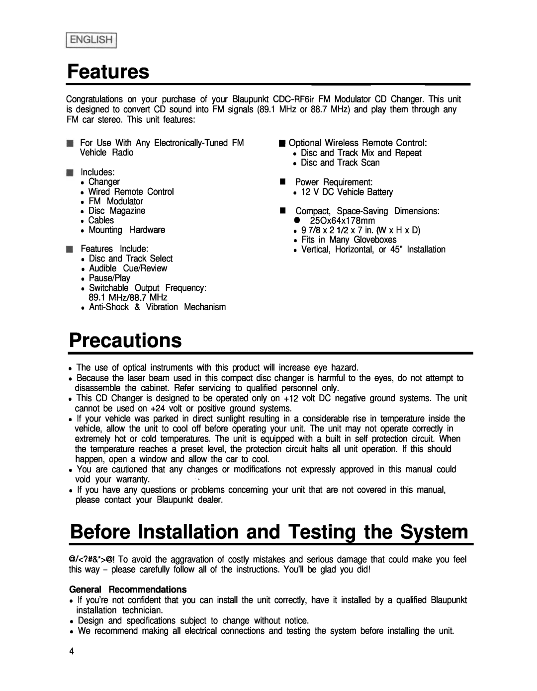 Blaupunkt CDC-RF6IR manual Features, Precautions, Before Installation and Testing the System, General Recommendations 