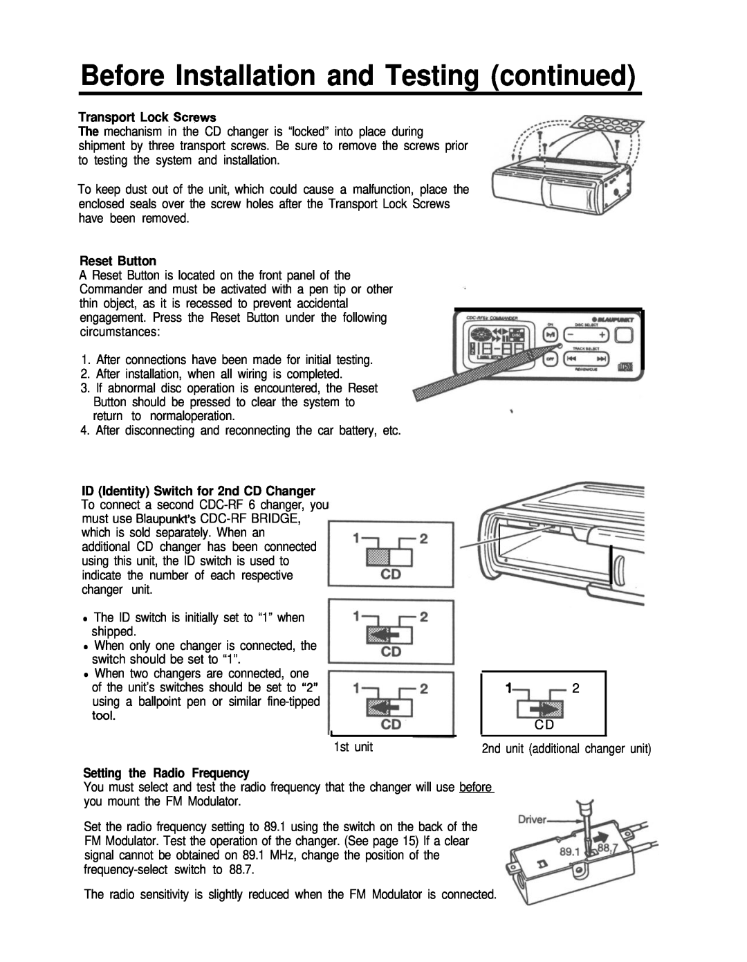 Blaupunkt CDC-RF6IR manual Before Installation and Testing continued, Transport Lock SCWWS, Reset Button 
