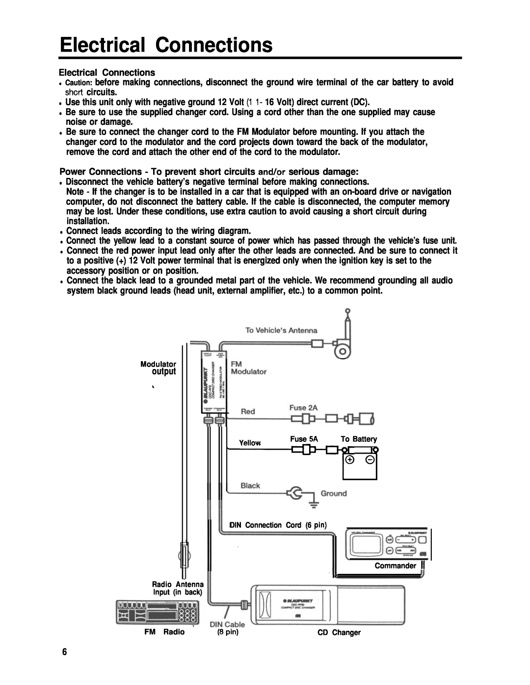 Blaupunkt CDC-RF6IR manual Electrical Connections, 6 pin 