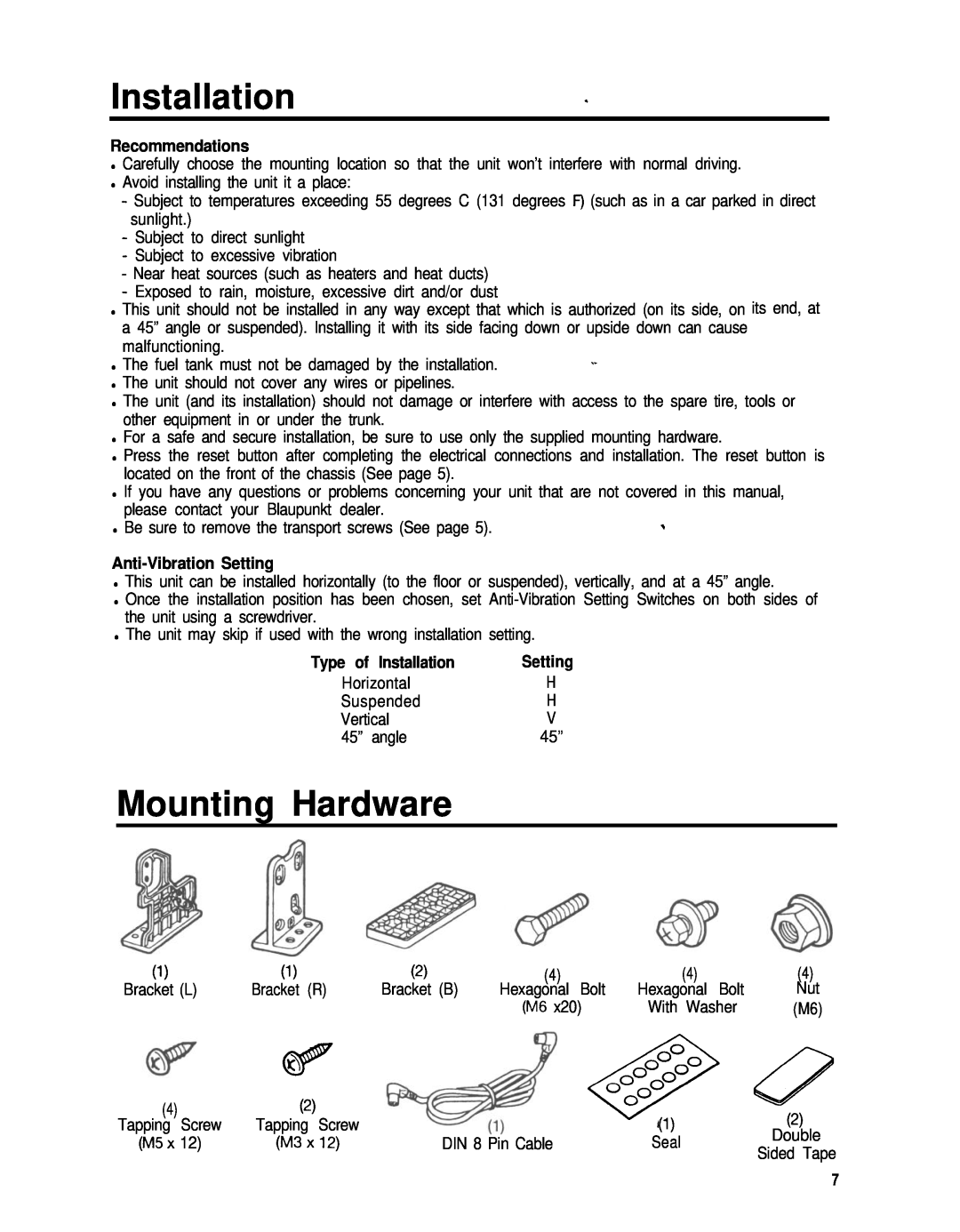 Blaupunkt CDC-RF6IR manual Installation, Mounting Hardware 