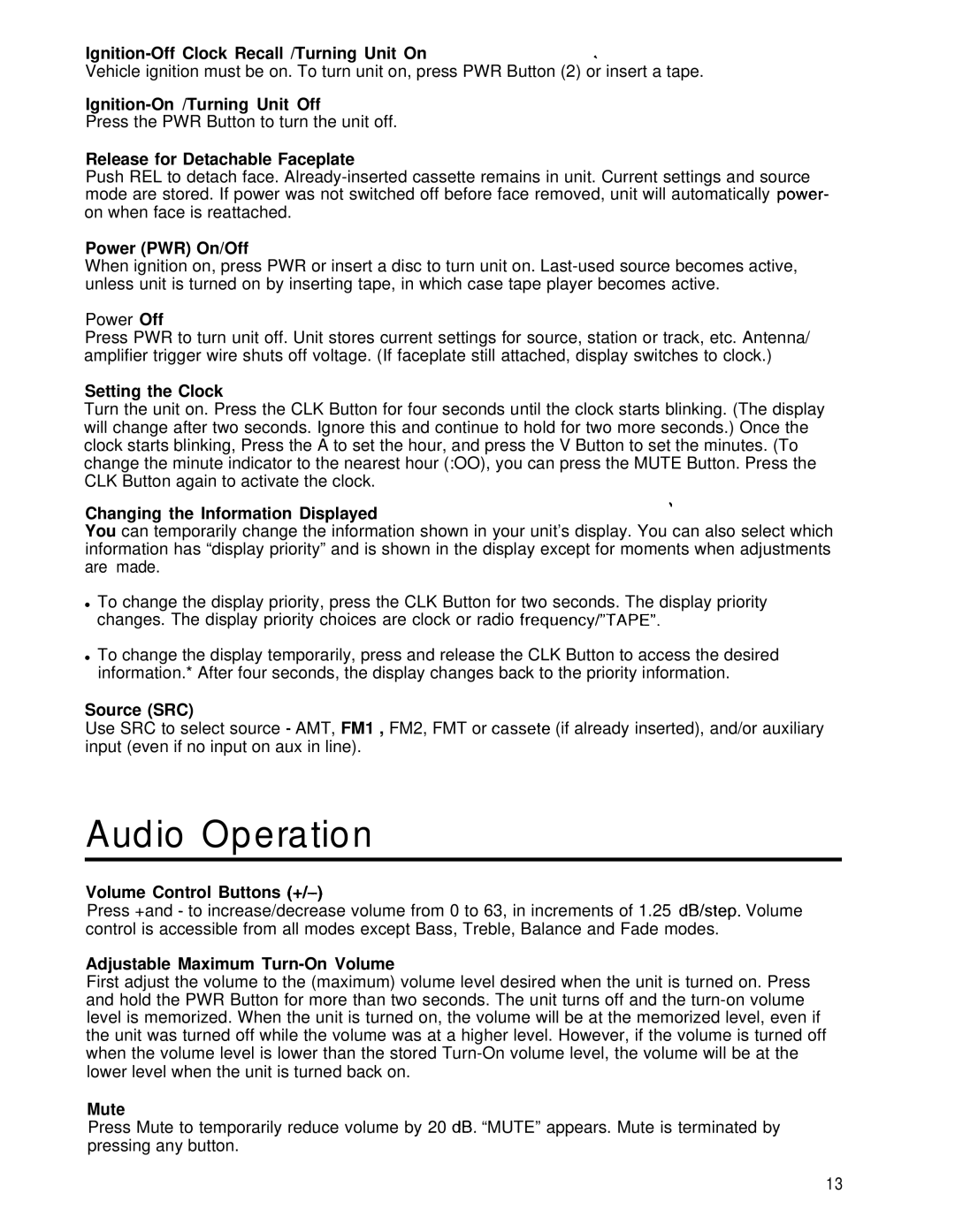 Blaupunkt CHARLOTTE CR148 manual Audio Operation 