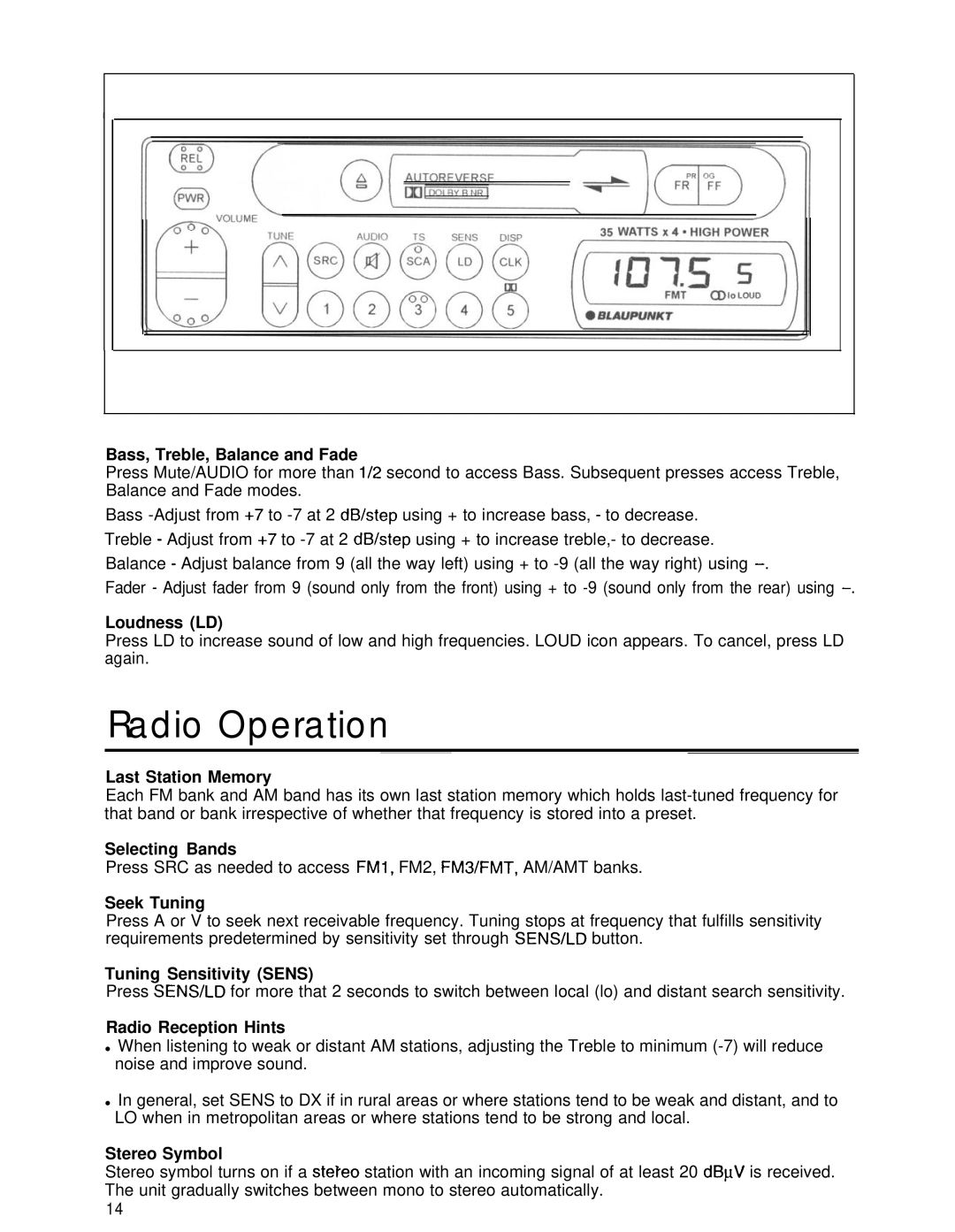 Blaupunkt CHARLOTTE CR148 manual Radio Operation 