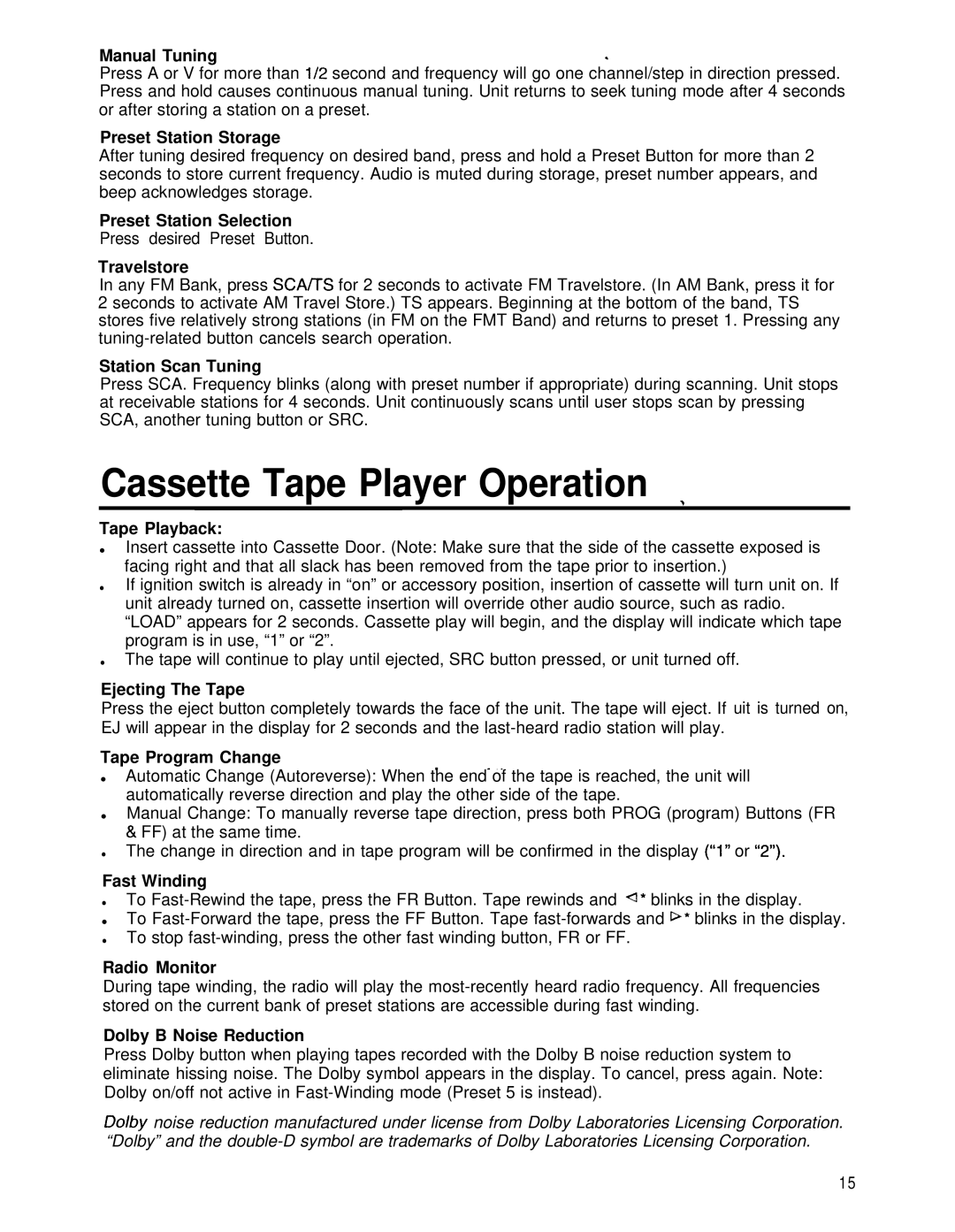 Blaupunkt CHARLOTTE CR148 manual Cassette Tape Player Operation 