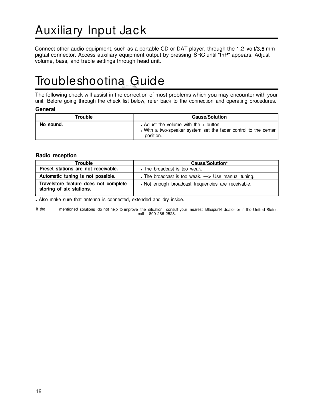 Blaupunkt CHARLOTTE CR148 manual Auxiliary Input Jack, Troubleshootina Guide, Radio reception 