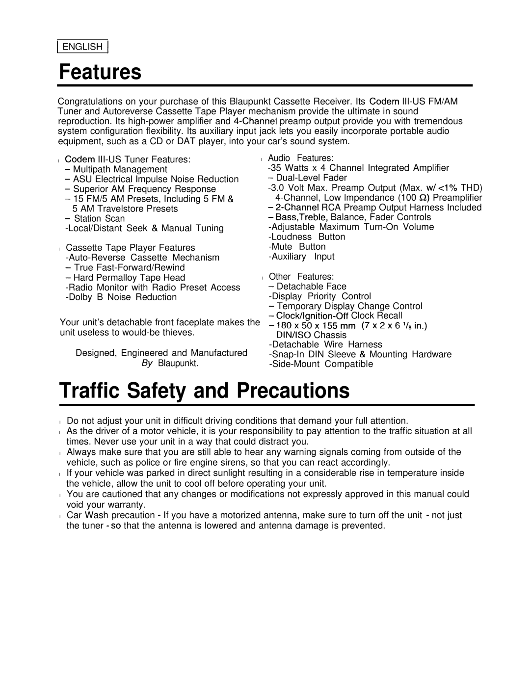 Blaupunkt CHARLOTTE CR148 manual Features, Traffic Safety and Precautions 