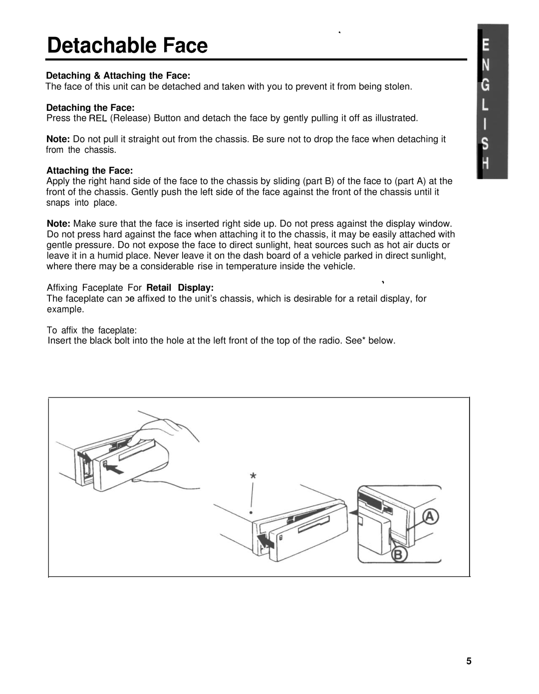 Blaupunkt CHARLOTTE CR148 manual Detachable Face, Detaching & Attaching the Face, Detaching the Face 