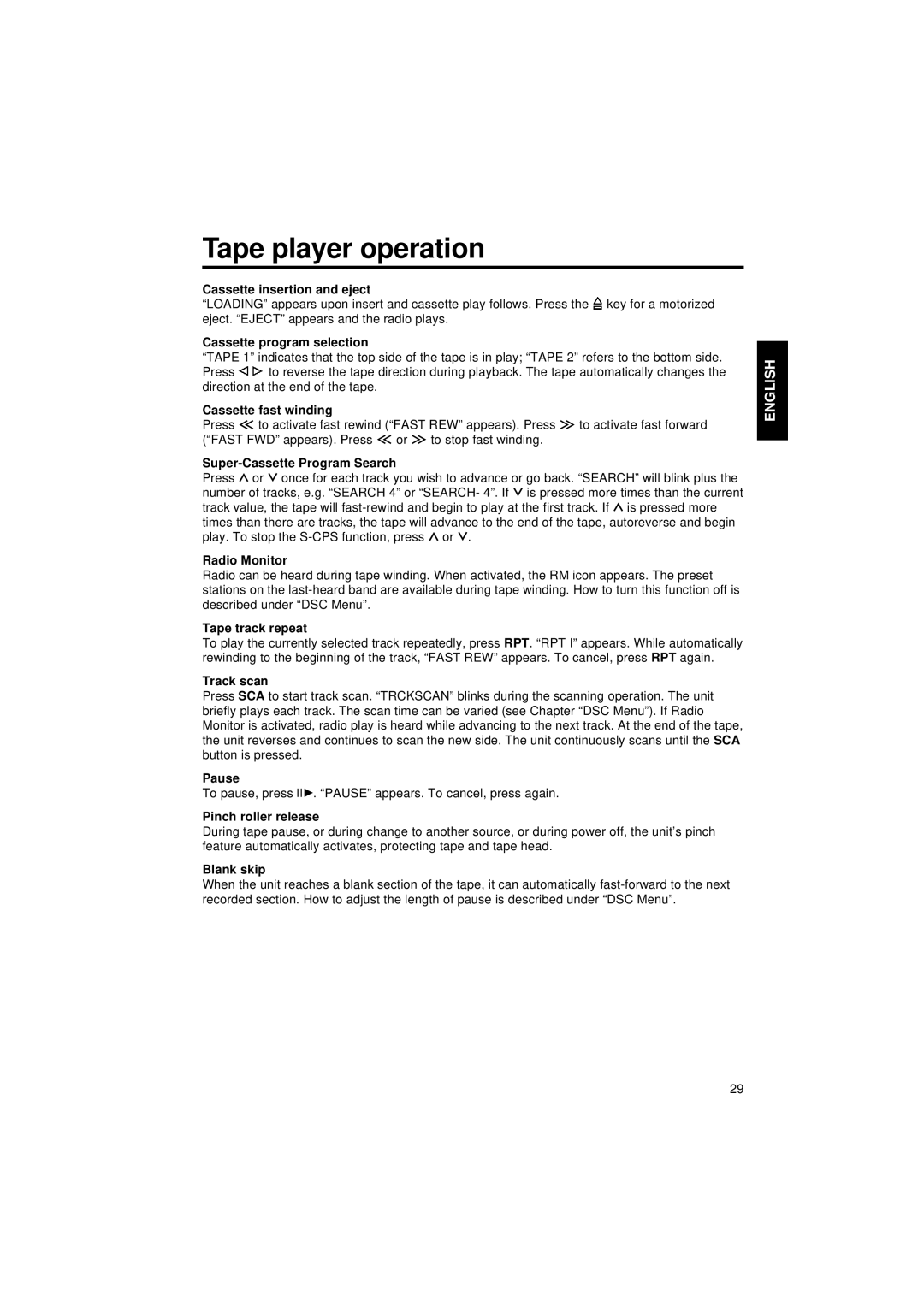 Blaupunkt CM 127 operating instructions Tape player operation 