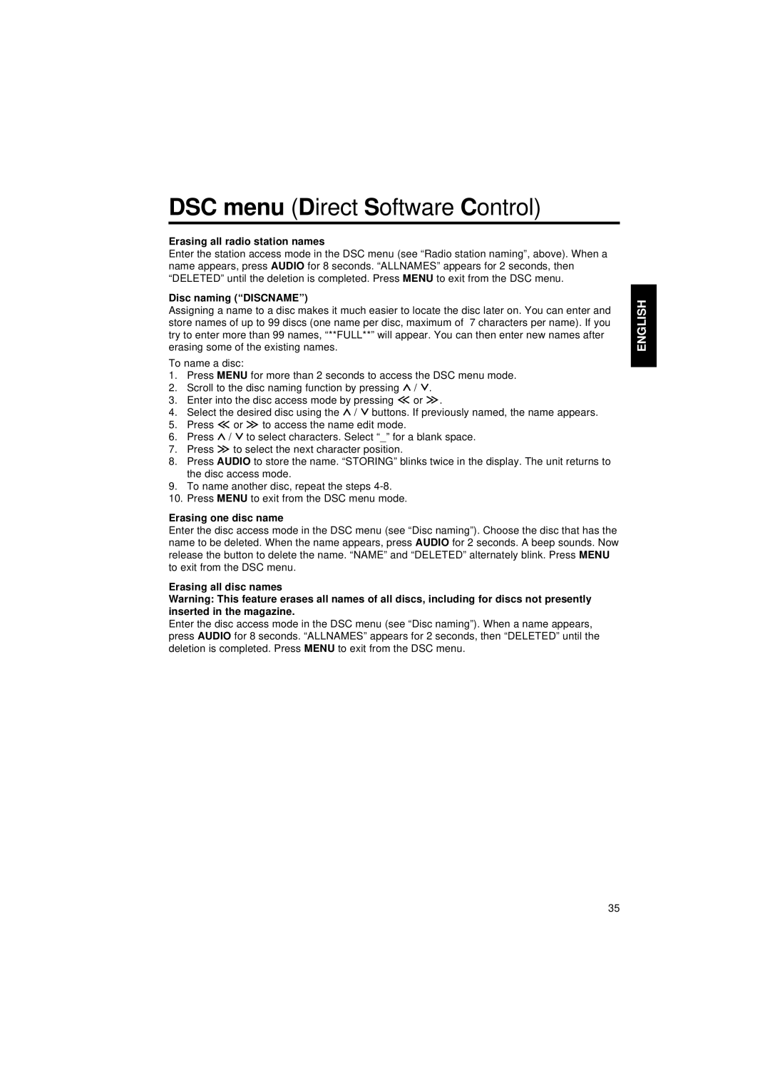 Blaupunkt CM 127 Erasing all radio station names, Disc naming Discname, Erasing one disc name, Erasing all disc names 