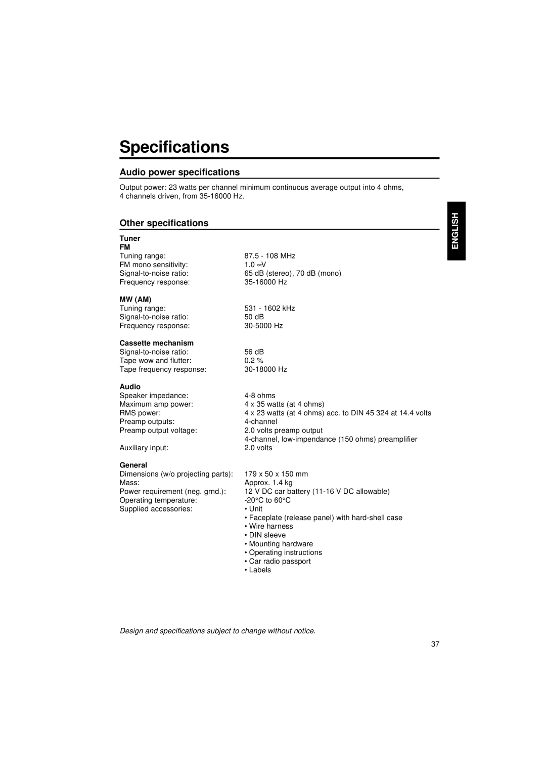 Blaupunkt CM 127 operating instructions Specifications, Tuner, General 