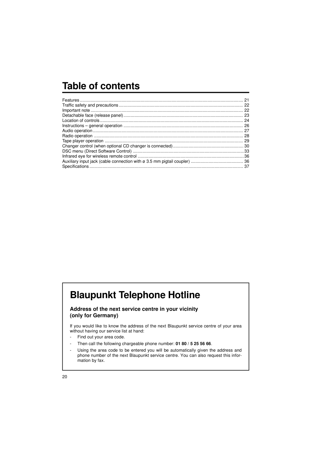 Blaupunkt CM 127 operating instructions Table of contents, Blaupunkt Telephone Hotline 