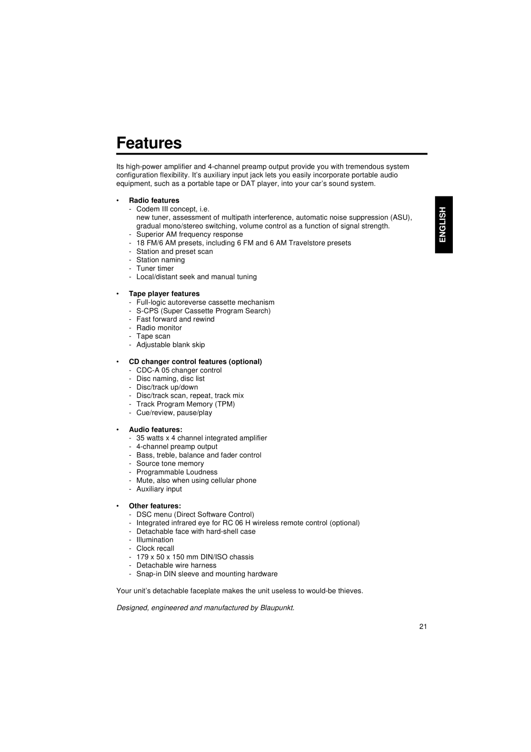 Blaupunkt CM 127 operating instructions Features 