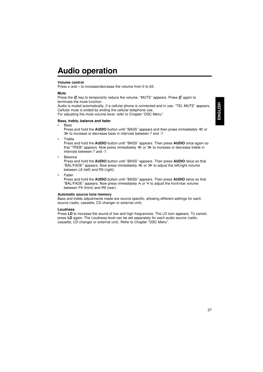 Blaupunkt CM 127 operating instructions Audio operation 