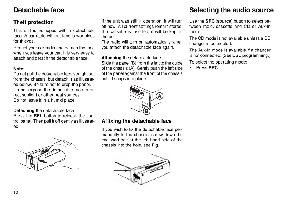 Blaupunkt CM 168 operating instructions Detachable face, Theft protection, Affixing the detachable face 