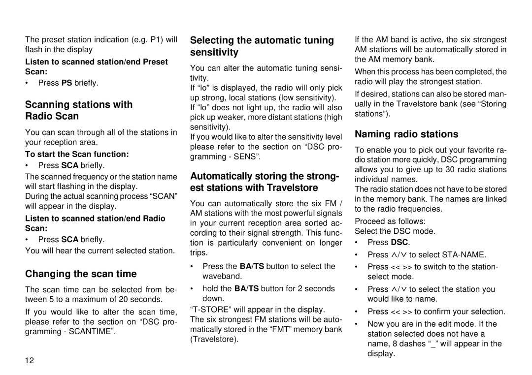 Blaupunkt CM 168 Scanning stations with Radio Scan, Changing the scan time, Selecting the automatic tuning sensitivity 