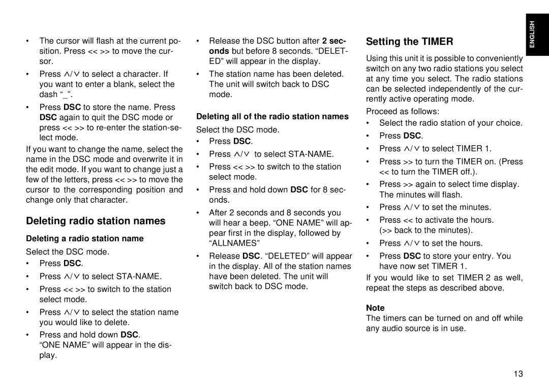 Blaupunkt CM 168 operating instructions Deleting radio station names, Setting the Timer, Deleting a radio station name 