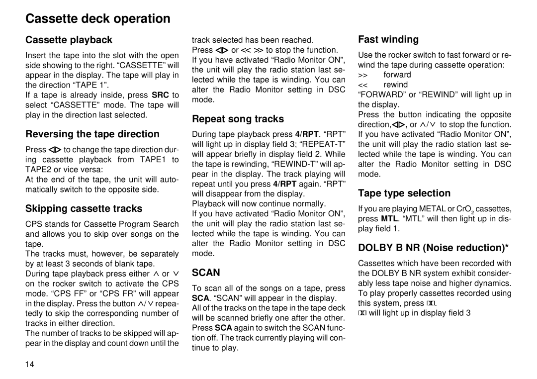 Blaupunkt CM 168 operating instructions Cassette deck operation 