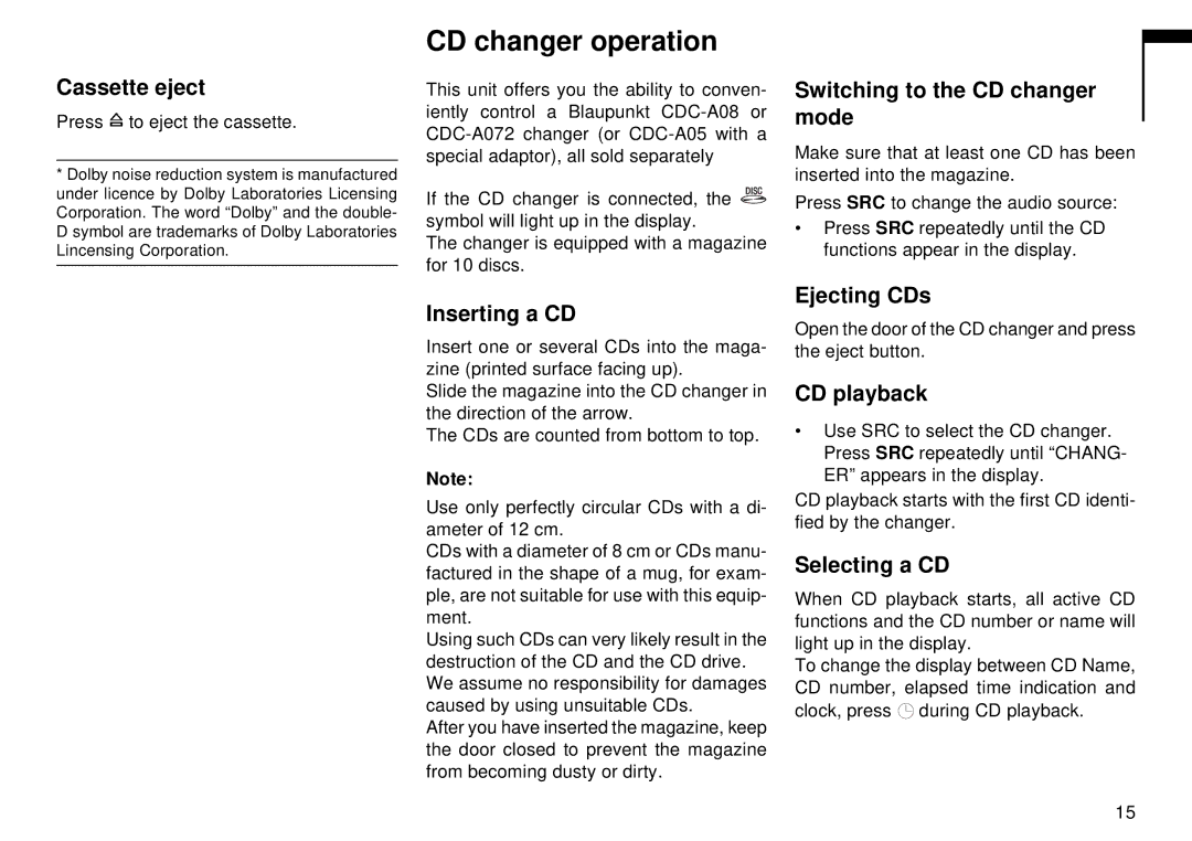 Blaupunkt CM 168 operating instructions CD changer operation 