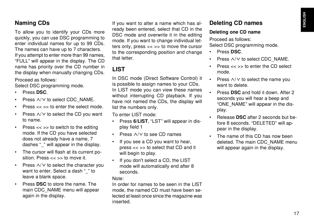 Blaupunkt CM 168 operating instructions Naming CDs, Deleting CD names, Deleting one CD name 