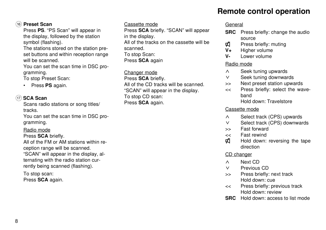 Blaupunkt CM 168 operating instructions Remote control operation, @ Preset Scan, SCA Scan 