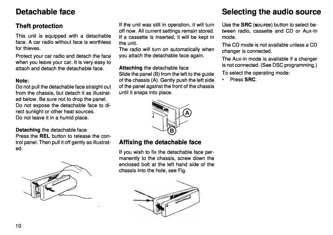 Blaupunkt CM 168 Detachable face, Theft protection, Affixing the detachable face, Selecting the audio source 