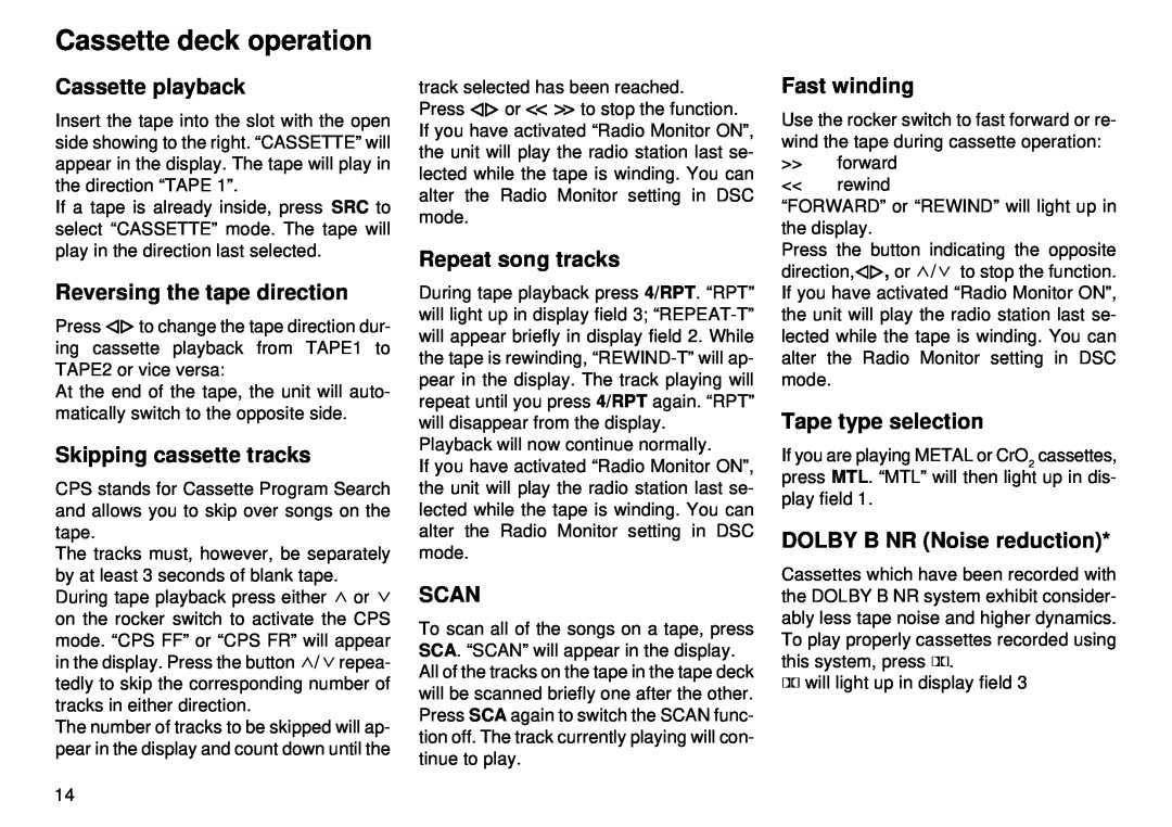 Blaupunkt CM 168 Cassette deck operation, Cassette playback, Reversing the tape direction, Skipping cassette tracks, Scan 