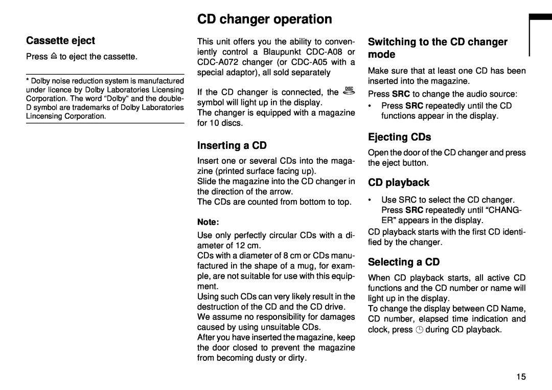 Blaupunkt CM 168 CD changer operation, Cassette eject, Inserting a CD, Switching to the CD changer mode, Ejecting CDs 