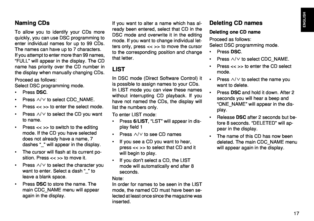 Blaupunkt CM 168 operating instructions Naming CDs, List, Deleting CD names, Deleting one CD name 