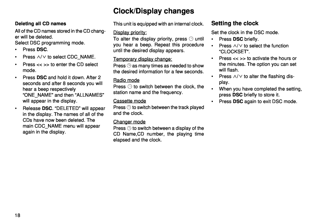 Blaupunkt CM 168 operating instructions Clock/Display changes, Setting the clock, Deleting all CD names 