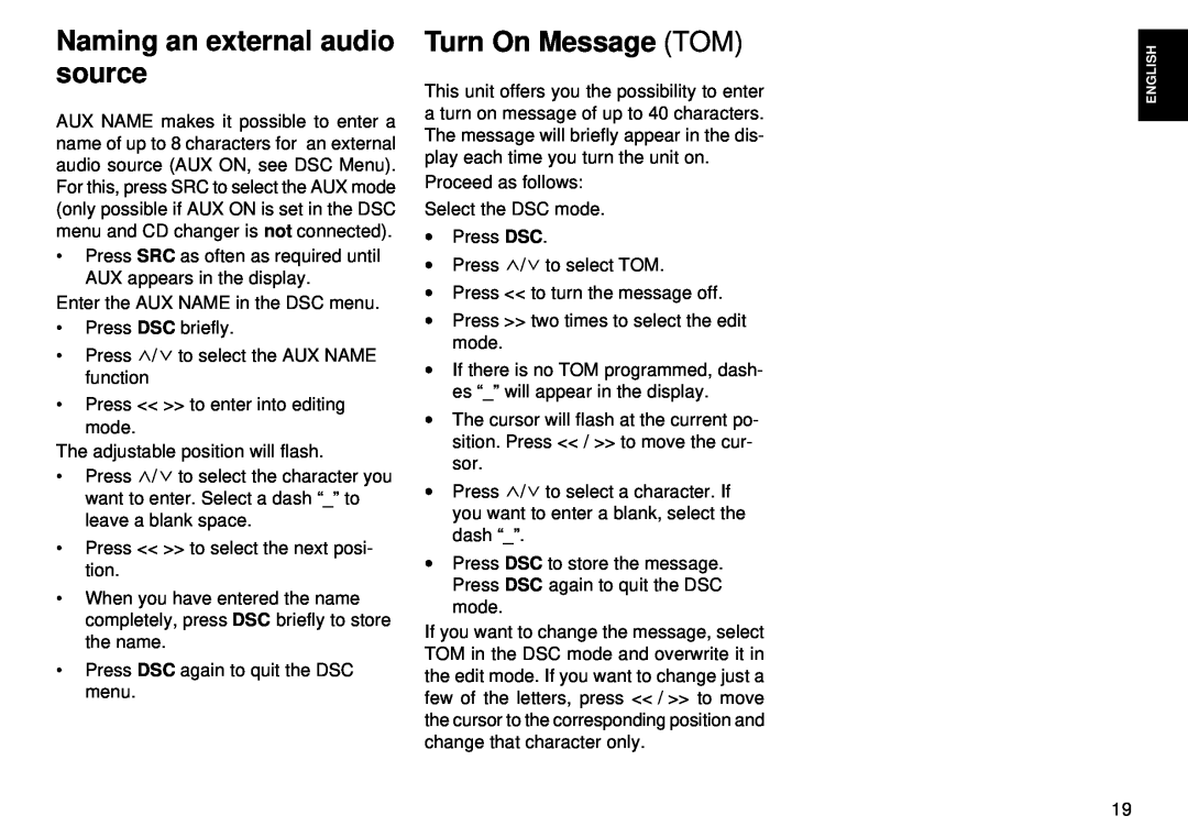 Blaupunkt CM 168 operating instructions Naming an external audio source, Turn On Message TOM 