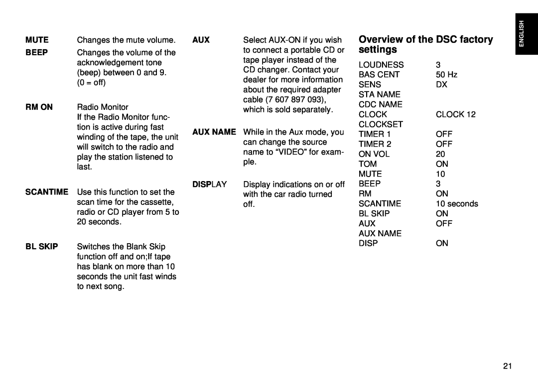 Blaupunkt CM 168 Overview of the DSC factory settings, Mute, Beep, Rm On, Scantime, Bl Skip, Aux Name, Display 