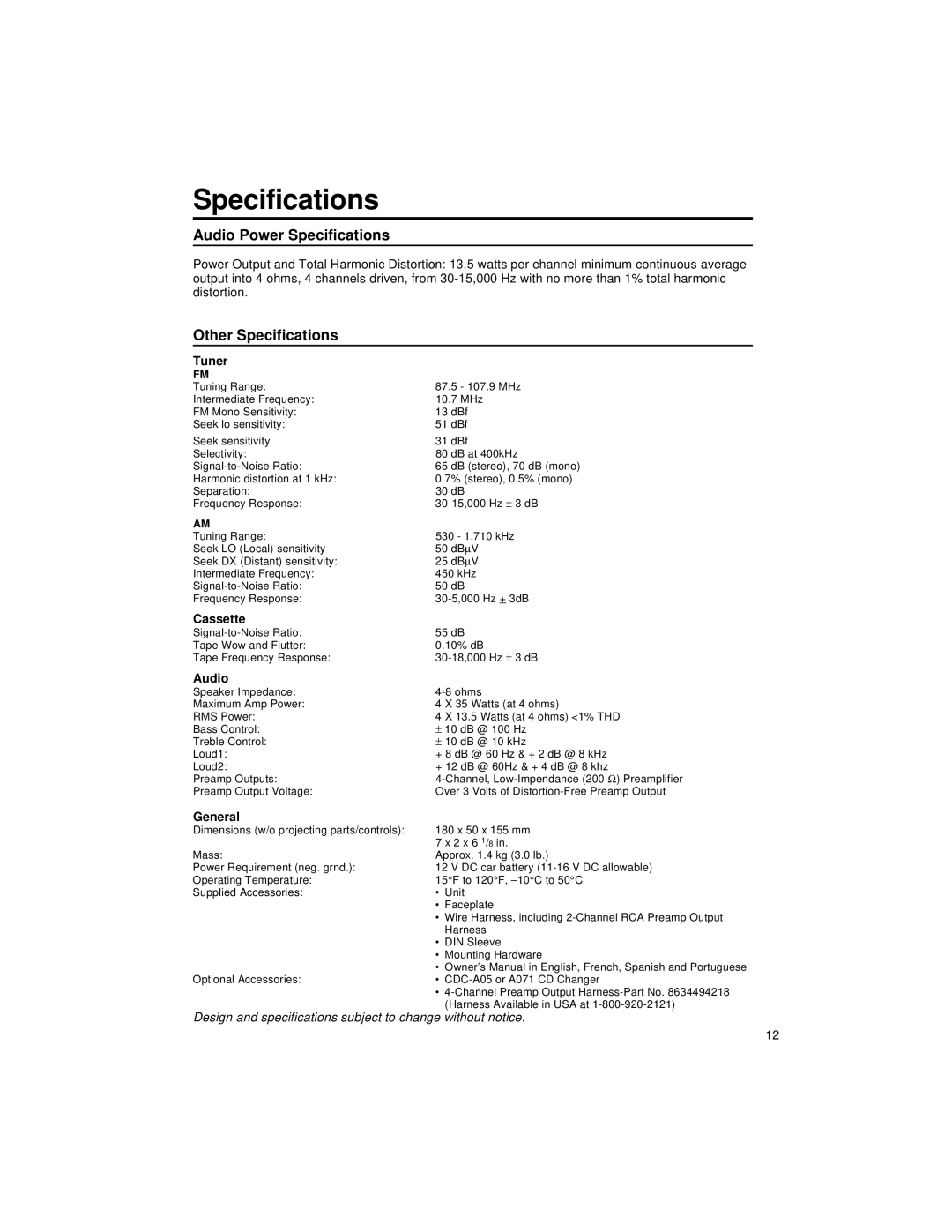 Blaupunkt CM147 manual Audio Power Specifications, Other Specifications 