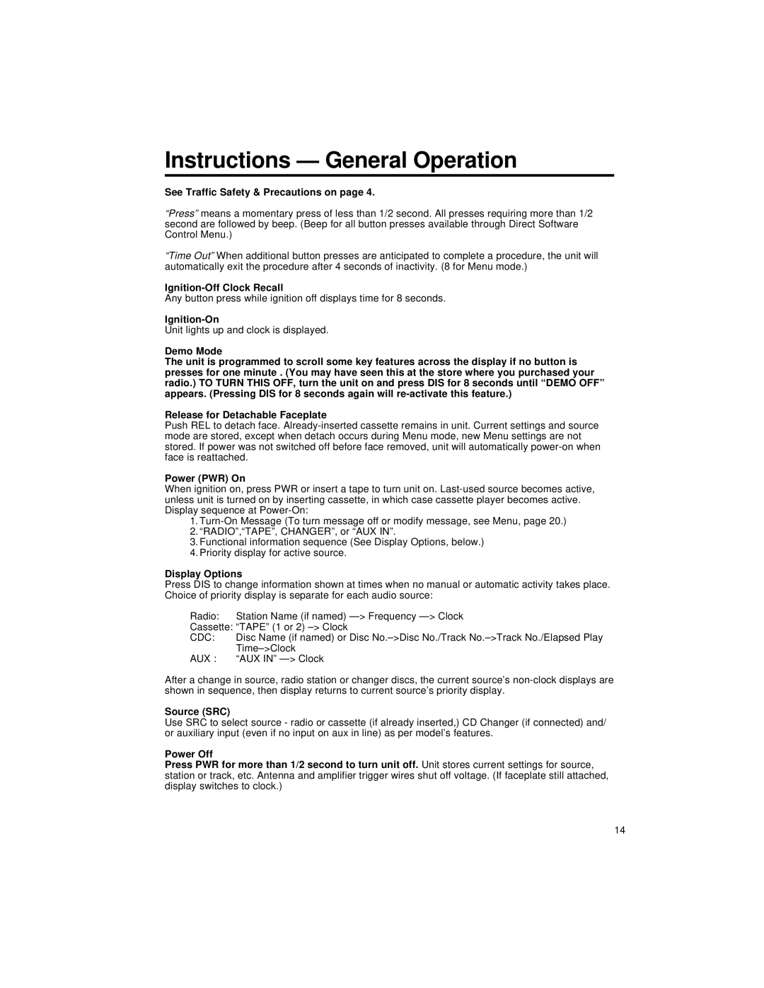 Blaupunkt CM147 manual Instructions General Operation 