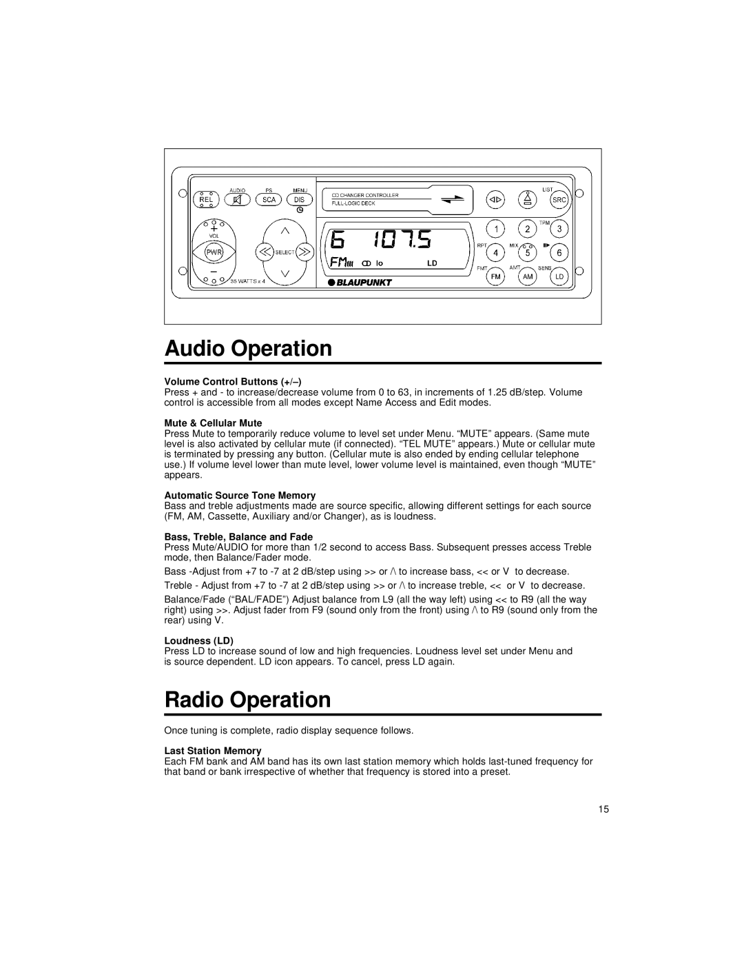 Blaupunkt CM147 manual Audio Operation, Radio Operation 