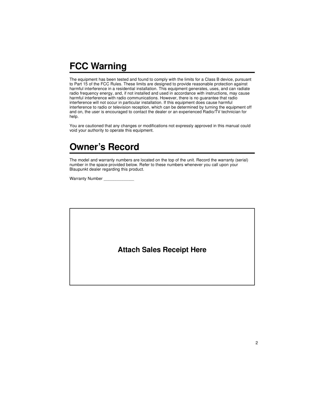 Blaupunkt CM147 manual FCC Warning, Owner’s Record 