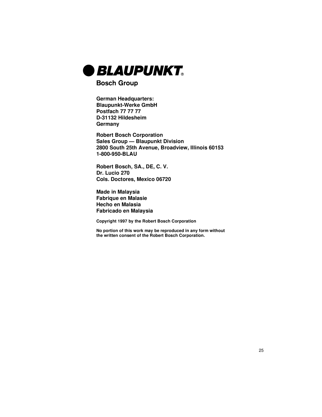 Blaupunkt CM147 manual Copyright 1997 by the Robert Bosch Corporation 