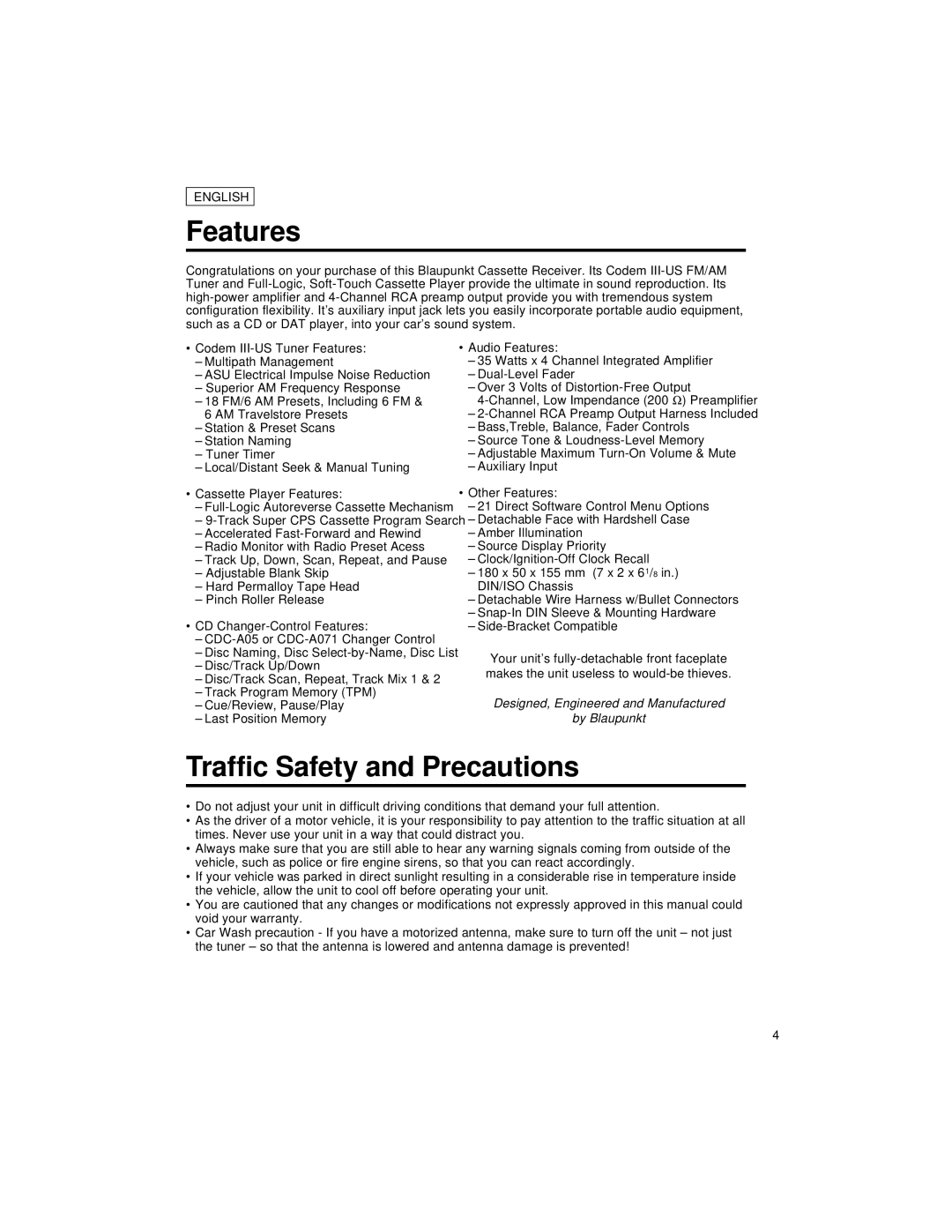 Blaupunkt CM147 manual Features, Traffic Safety and Precautions 