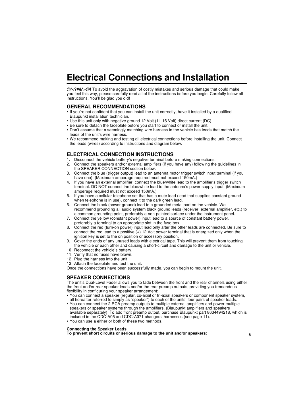 Blaupunkt CM147 manual Electrical Connections and Installation, General Recommendations 