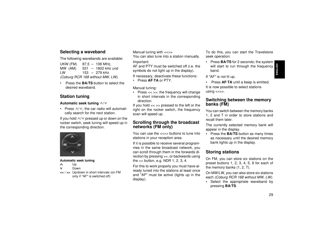 Blaupunkt COLORADO RCR 168 Selecting a waveband, Station tuning, Scrolling through the broadcast networks FM only 