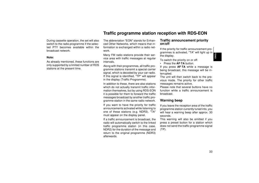 Blaupunkt COBURG RCR 168 Traffic programme station reception with RDS-EON, Traffic announcement priority on/off 