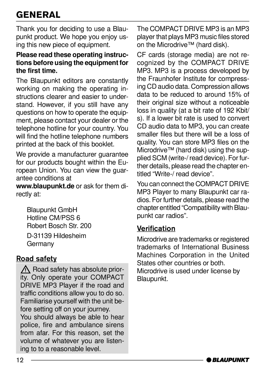 Blaupunkt Compact Drive MP3 operating instructions General, Road safety, Verification 