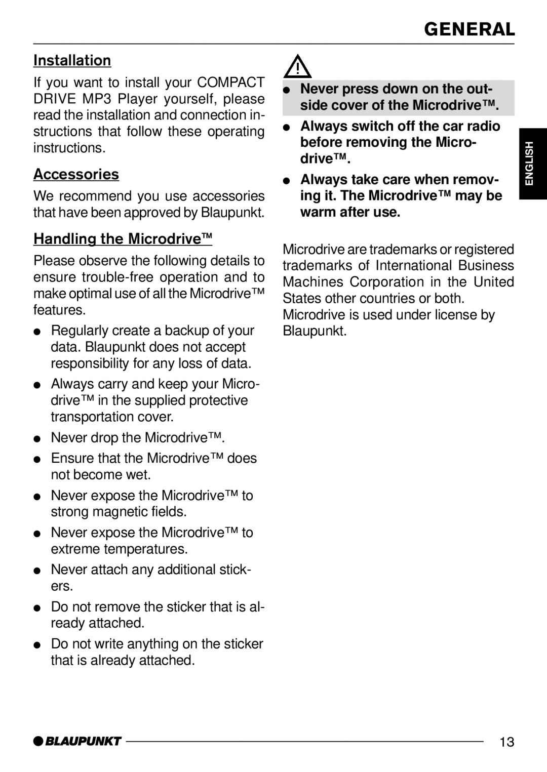 Blaupunkt Compact Drive MP3 operating instructions Installation, Handling the Microdrive, Always take care when remov 