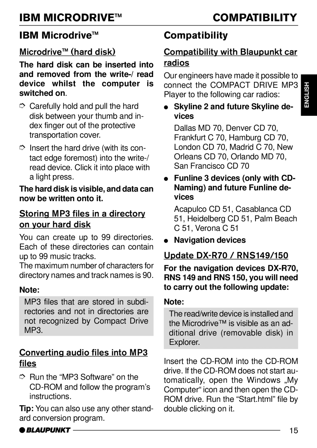 Blaupunkt Compact Drive MP3 operating instructions IBM Microdrive Compatibility 