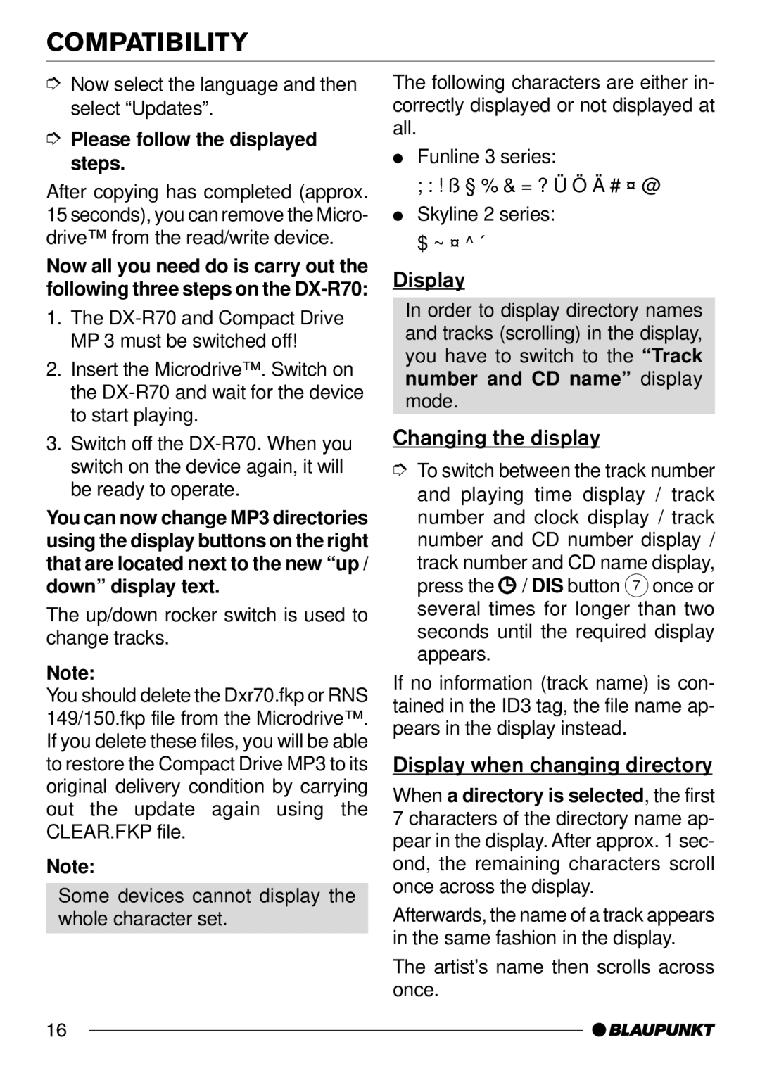 Blaupunkt Compact Drive MP3 Changing the display, Display when changing directory, Please follow the displayed steps 