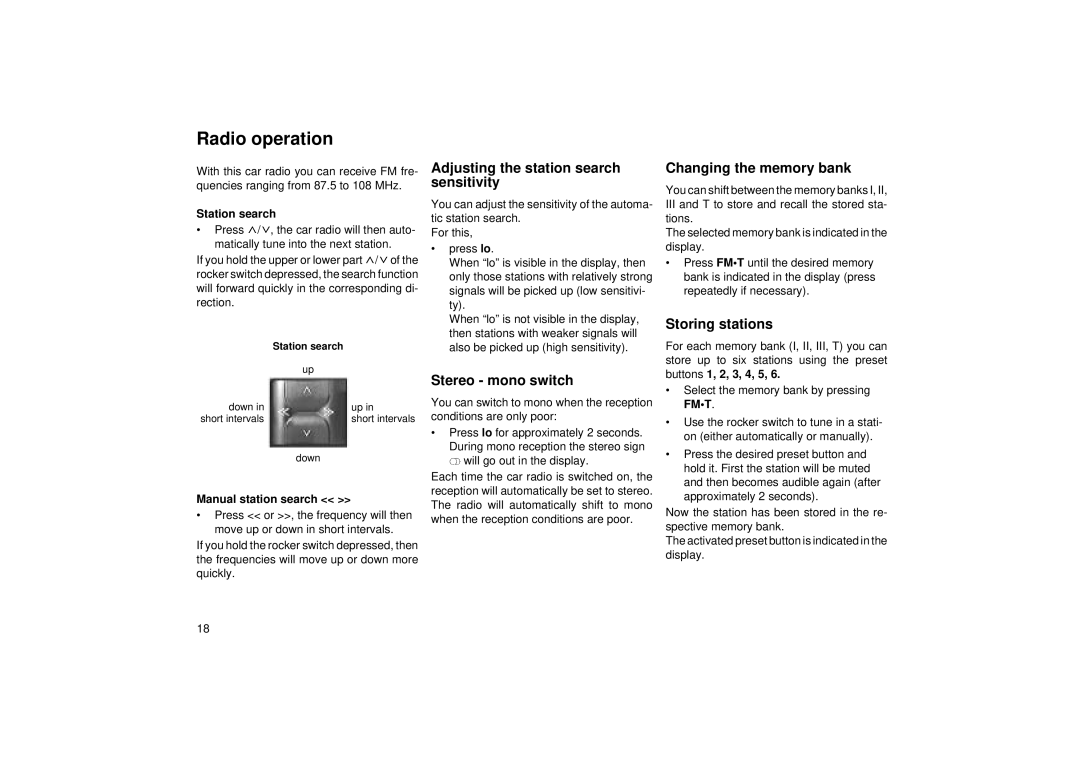 Blaupunkt CR 24 Radio operation, Adjusting the station search sensitivity, Stereo mono switch, Changing the memory bank 