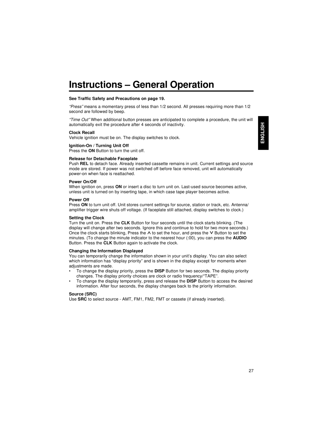 Blaupunkt CR 47 operating instructions Instructions General Operation 