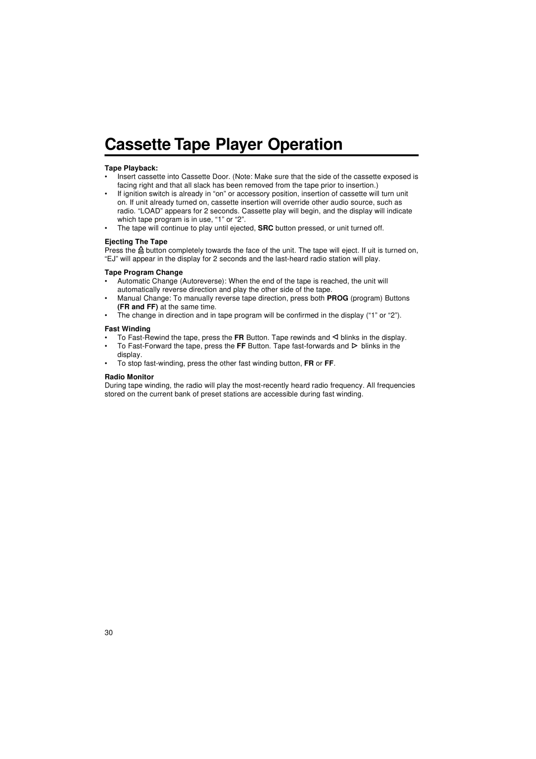 Blaupunkt CR 47 operating instructions Cassette Tape Player Operation 