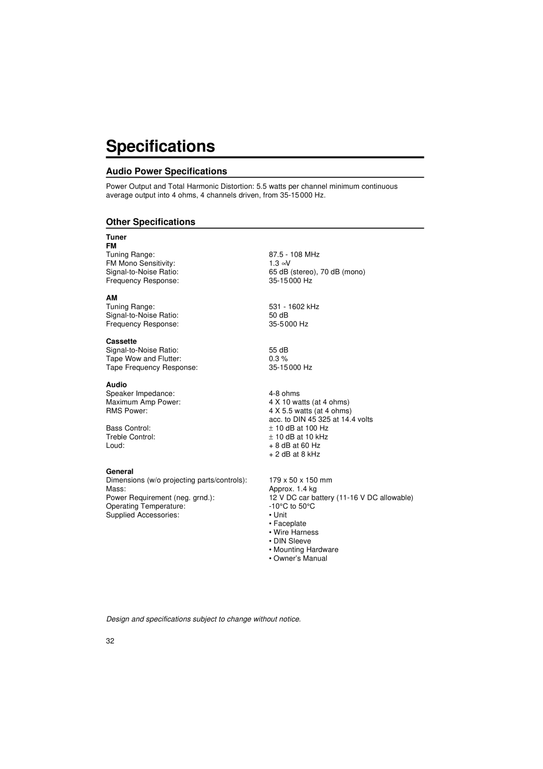 Blaupunkt CR 47 operating instructions Audio Power Specifications, Other Specifications 